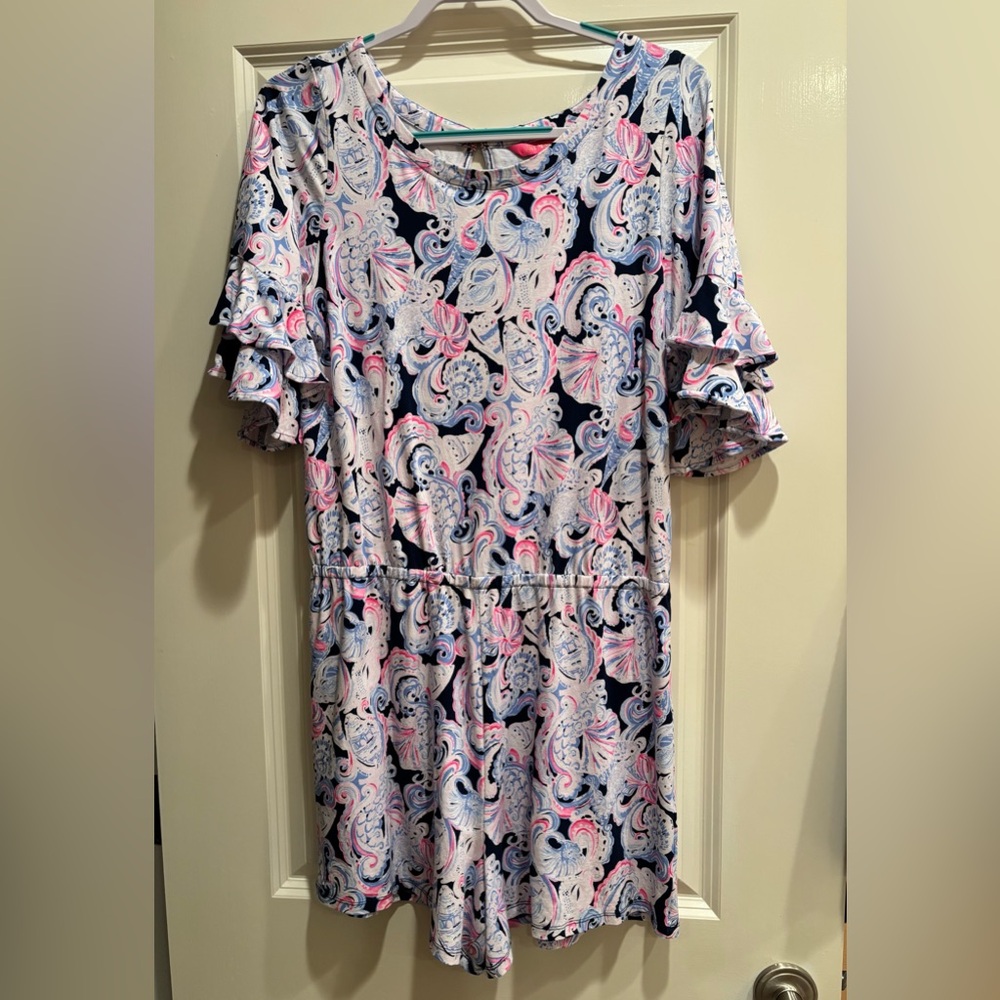 Lilly Pulitzer Romper Womens Large Pink Blue Paisley Ruffle Sleeve